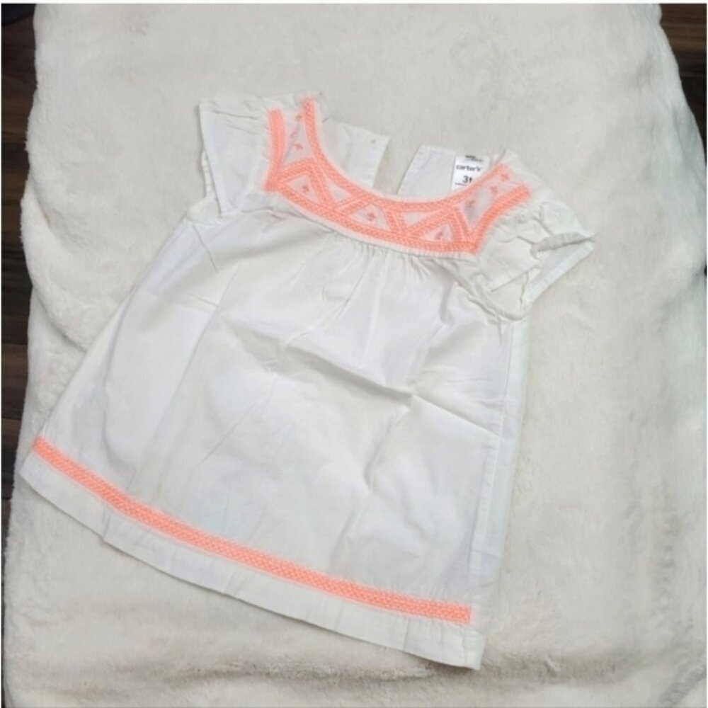 Carter's Toddler Girls White & Neon Coral Embroidered Dress 3T